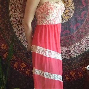 Coral sheer/lace full length dress